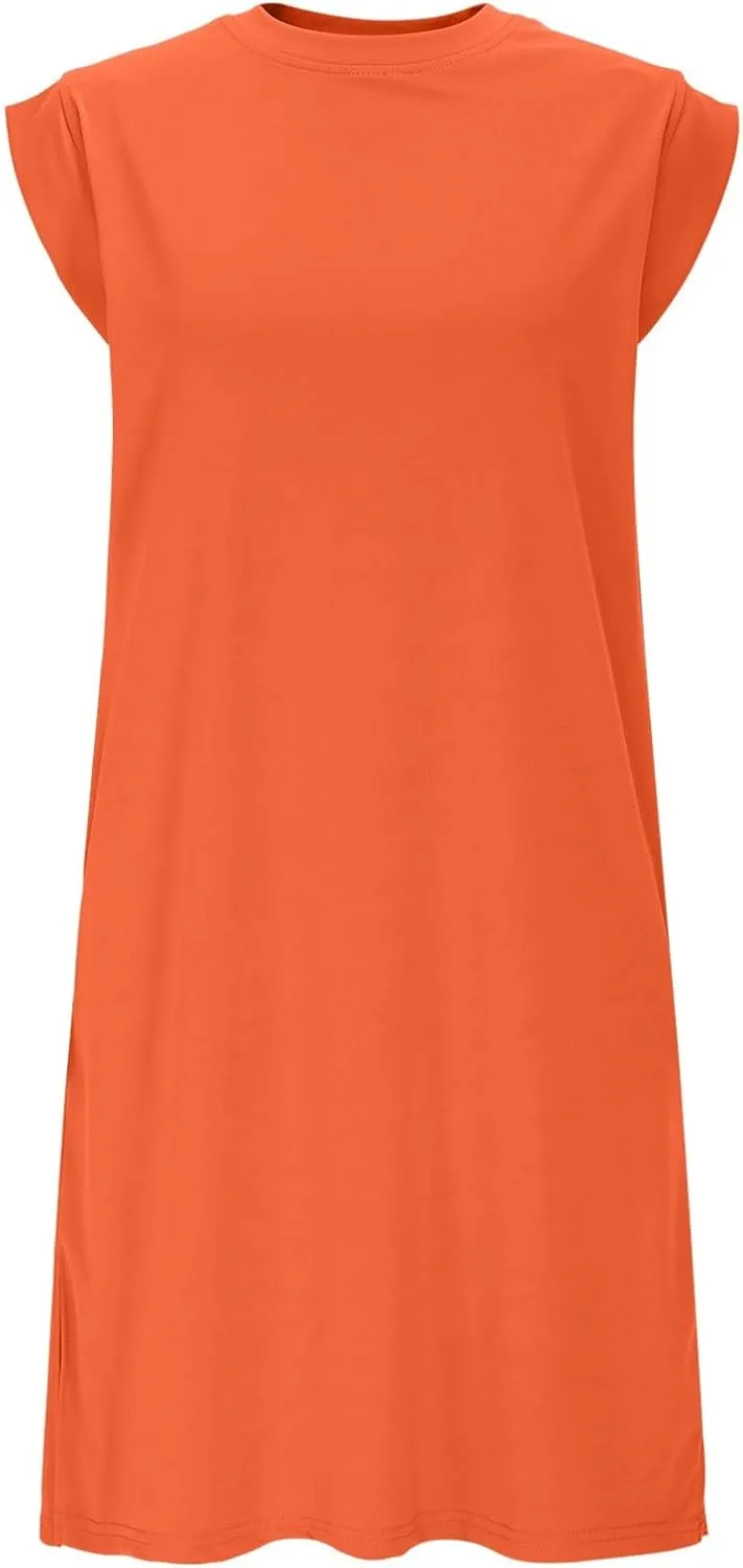 Sinzelimin Women's Pullover Dresses Fashion Solid Color Sleeveless Crewneck Loose Comfy Tank Mini Dress Summer Beach Sundress