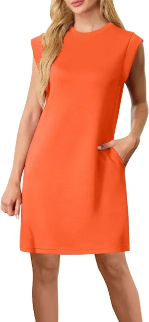 Sinzelimin Women's Pullover Dresses Fashion Solid Color Sleeveless Crewneck Loose Comfy Tank Mini Dress Summer Beach Sundress