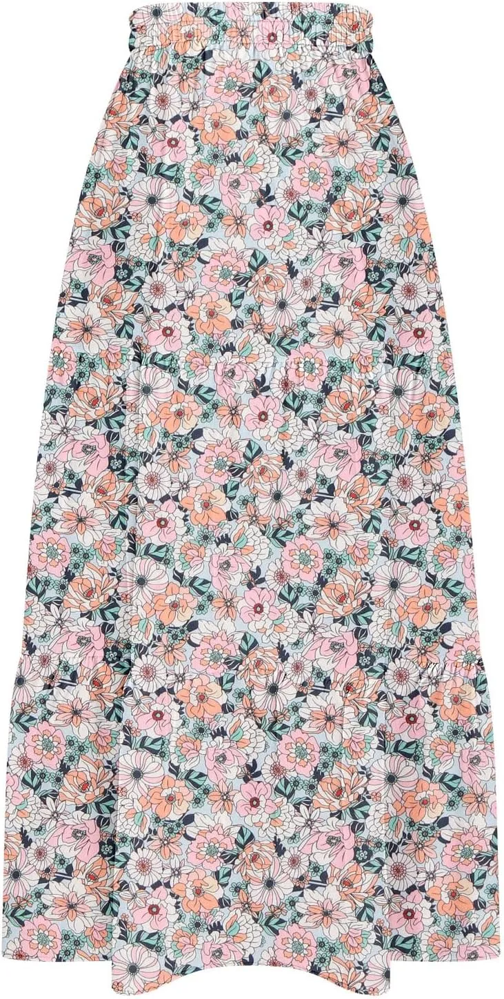 Skirts for Women Boho Floral Print Maxi Skirts Plus Size Side Slit Flowy Skirt Midi Length Chiffon Dress with Pockets