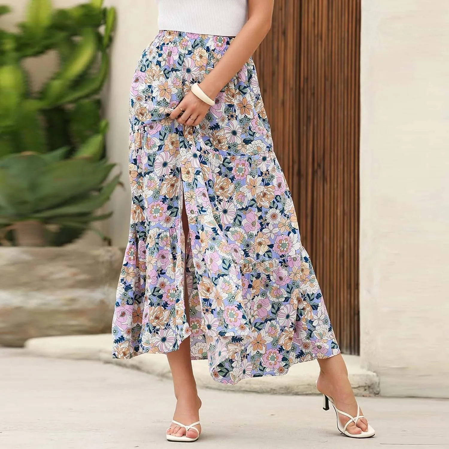 Skirts for Women Boho Floral Print Maxi Skirts Plus Size Side Slit Flowy Skirt Midi Length Chiffon Dress with Pockets