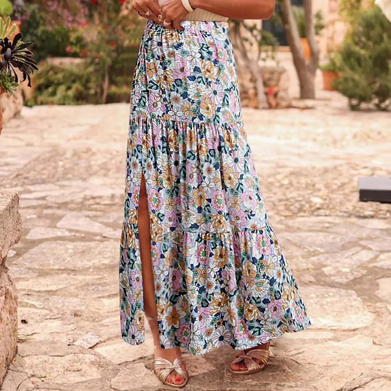 Skirts for Women Boho Floral Print Maxi Skirts Plus Size Side Slit Flowy Skirt Midi Length Chiffon Dress with Pockets