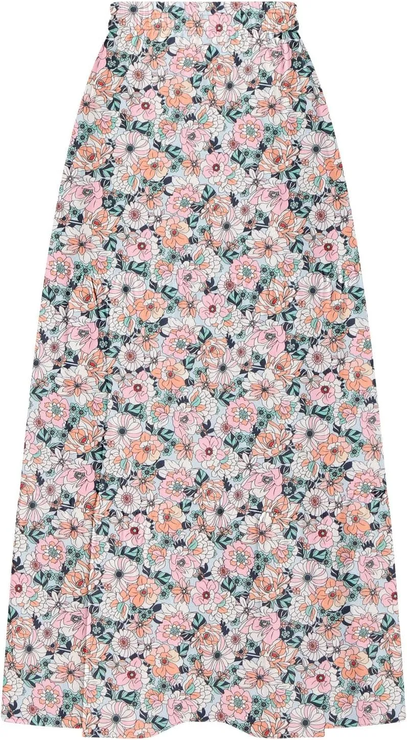 Skirts for Women Boho Floral Print Maxi Skirts Plus Size Side Slit Flowy Skirt Midi Length Chiffon Dress with Pockets