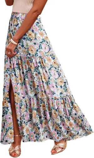 Skirts for Women Boho Floral Print Maxi Skirts Plus Size Side Slit Flowy Skirt Midi Length Chiffon Dress with Pockets