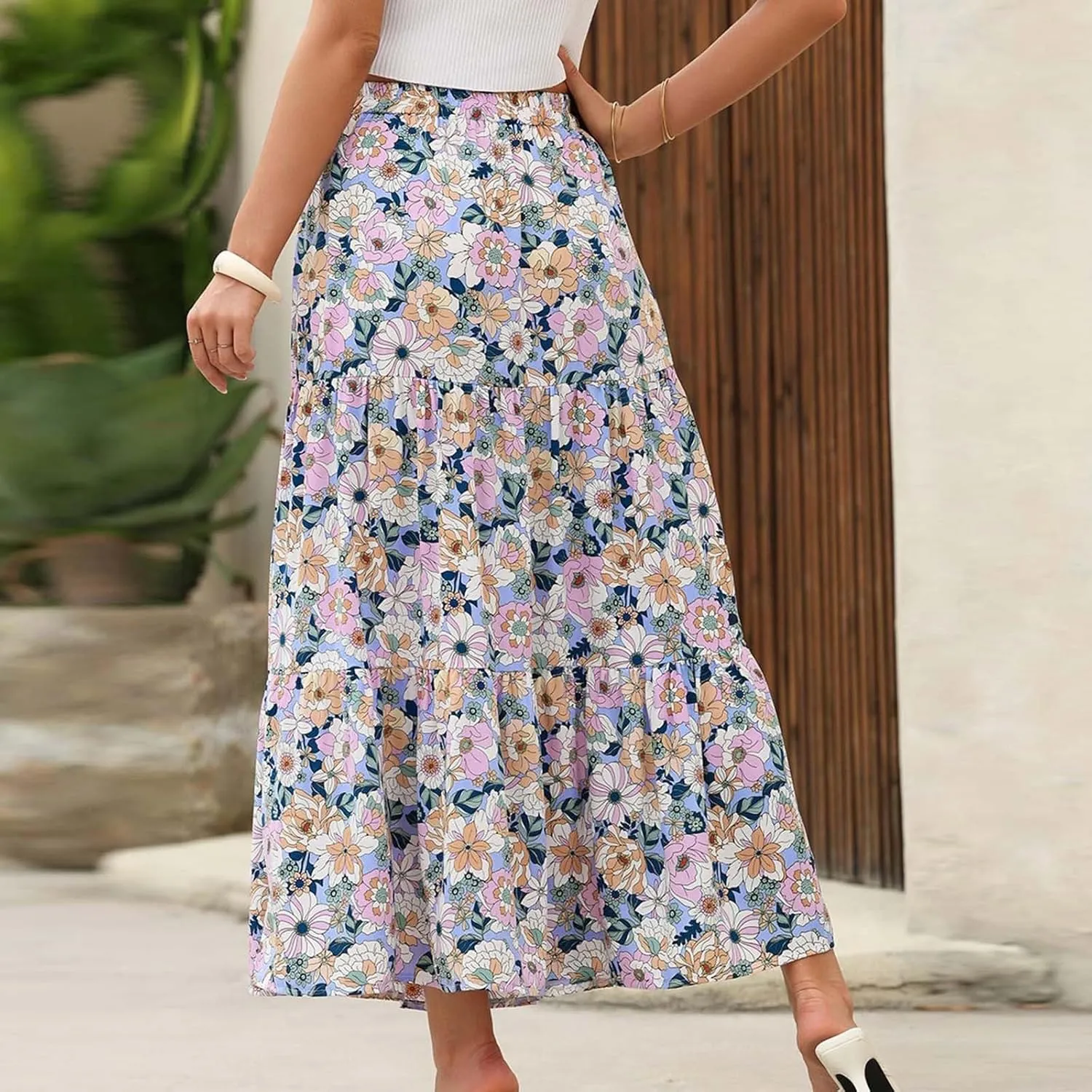 Skirts for Women Boho Floral Print Maxi Skirts Plus Size Side Slit Flowy Skirt Midi Length Chiffon Dress with Pockets