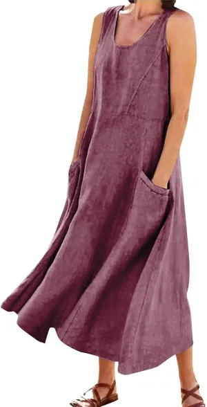 Sleeveless Dresses for Womens 2025 Casual Beach Cotton Linen Vintage Printed Plus Size Maxi Sundress with Pockets