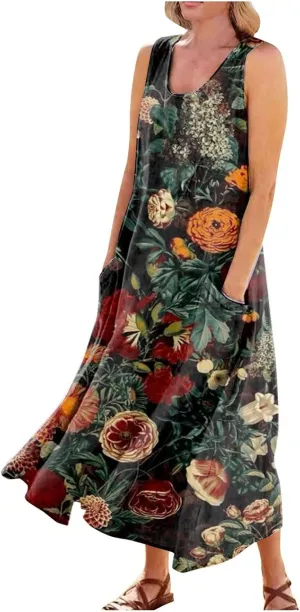 Sleeveless Dresses for Womens 2025 Casual Beach Cotton Linen Vintage Printed Plus Size Maxi Sundress with Pockets