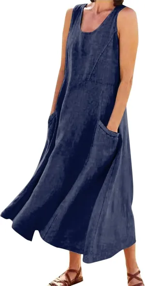Sleeveless Dresses for Womens 2025 Casual Beach Cotton Linen Vintage Printed Plus Size Maxi Sundress with Pockets
