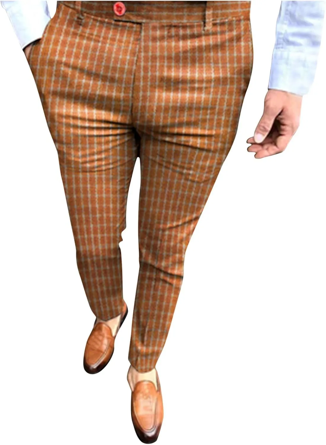 Slim Fit Plaid Pants for Men Casual Big & Tall Stretch Skinny Business Work Dress Pants Flat-Front Pocket Zipper Trouser Orange