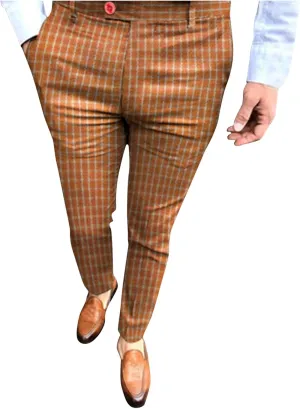 Slim Fit Plaid Pants for Men Casual Big & Tall Stretch Skinny Business Work Dress Pants Flat-Front Pocket Zipper Trouser Orange