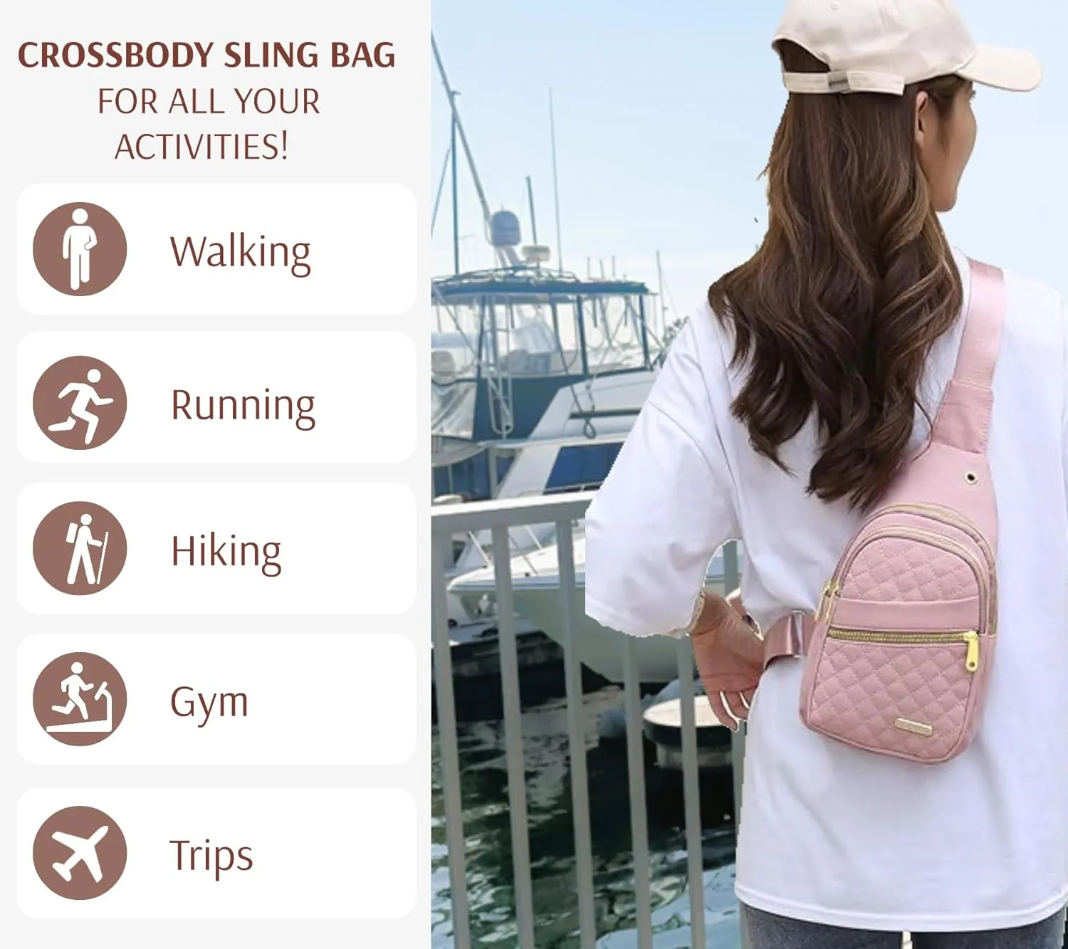 Sling Crossbody Bag for Women, Chest Bag, Backpack Daypack Fanny Pack Cross Body Bag Adjustable Strap for Outdoors Hiking Traveling (Pink)