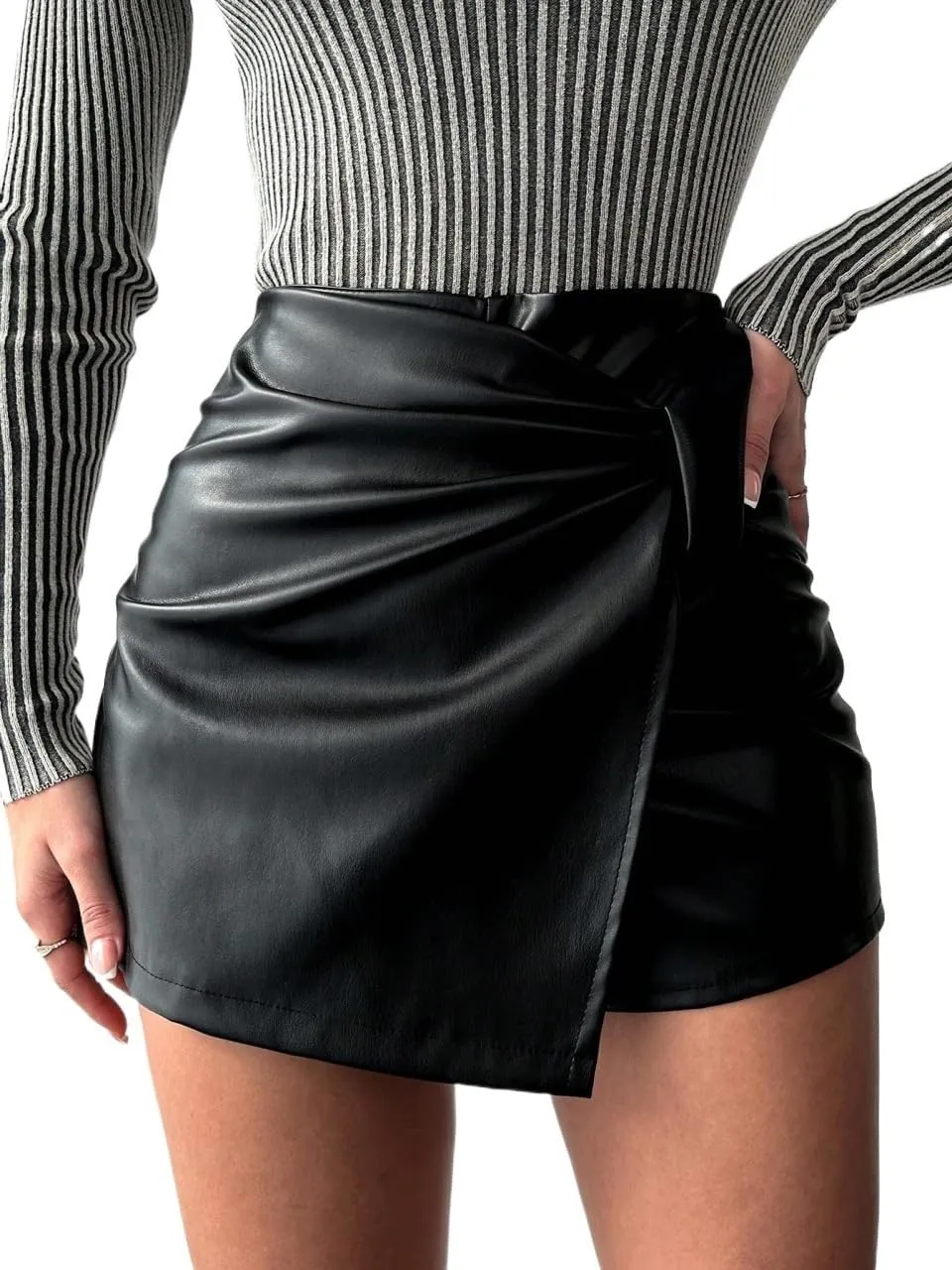 Solid Color Skirt with Pleated Front High Waist Zipper Closure Shorts