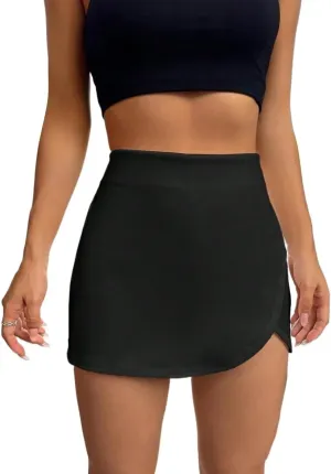 Solid High Waist Slit Wrap Hem Skort Zip Back Plain Skirt Shorts