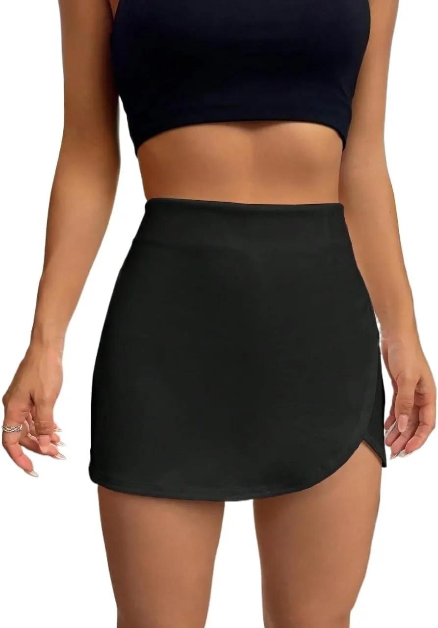 Solid High Waist Slit Wrap Hem Skort Zip Back Plain Skirt Shorts