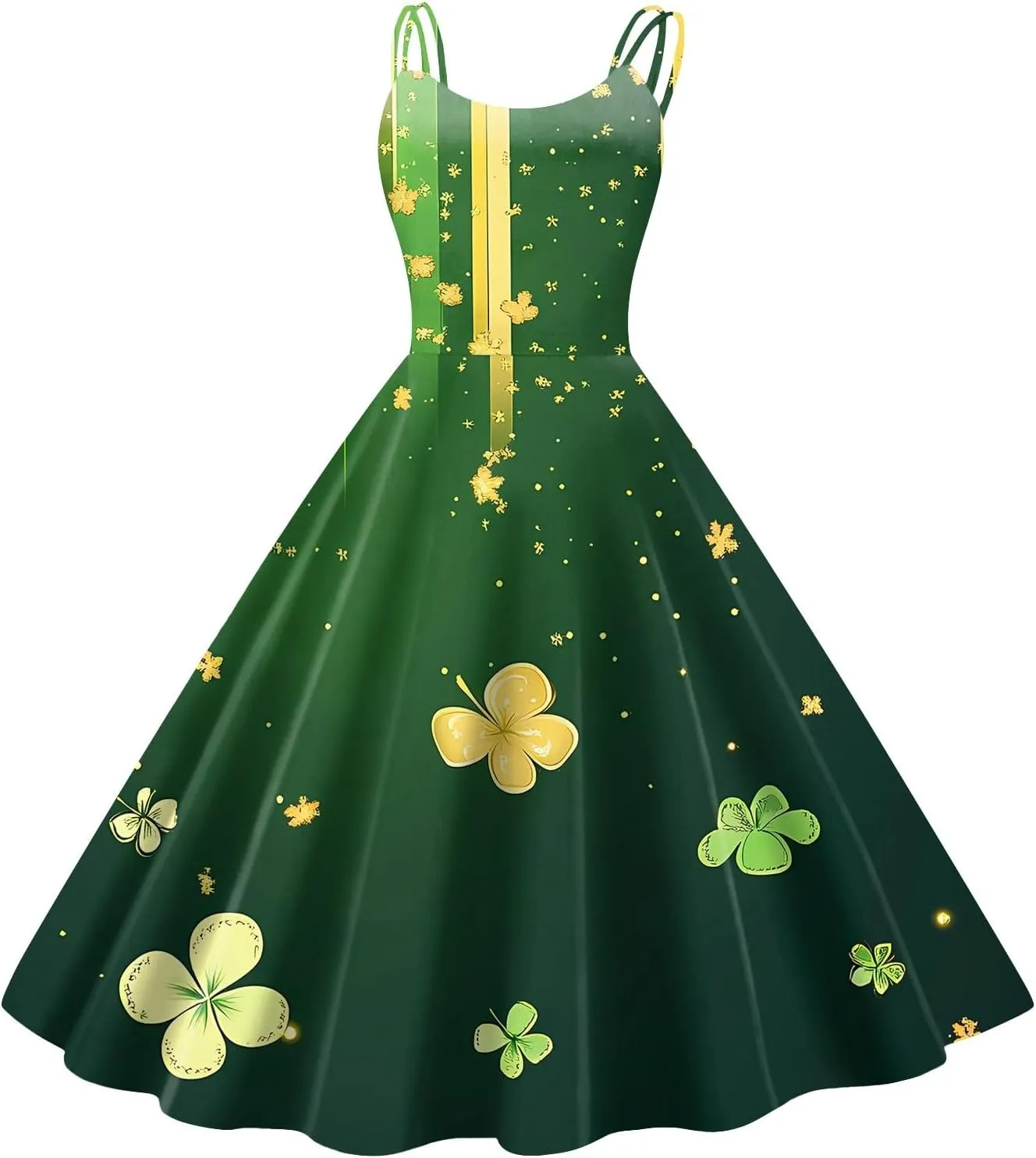 St Patricks Day Dresses for Women Casual Off Shoulder Vintage Sleeveless Midi A-Line Swing Shamrock Print Dresses