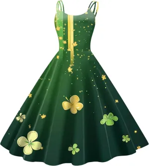 St Patricks Day Dresses for Women Casual Off Shoulder Vintage Sleeveless Midi A-Line Swing Shamrock Print Dresses