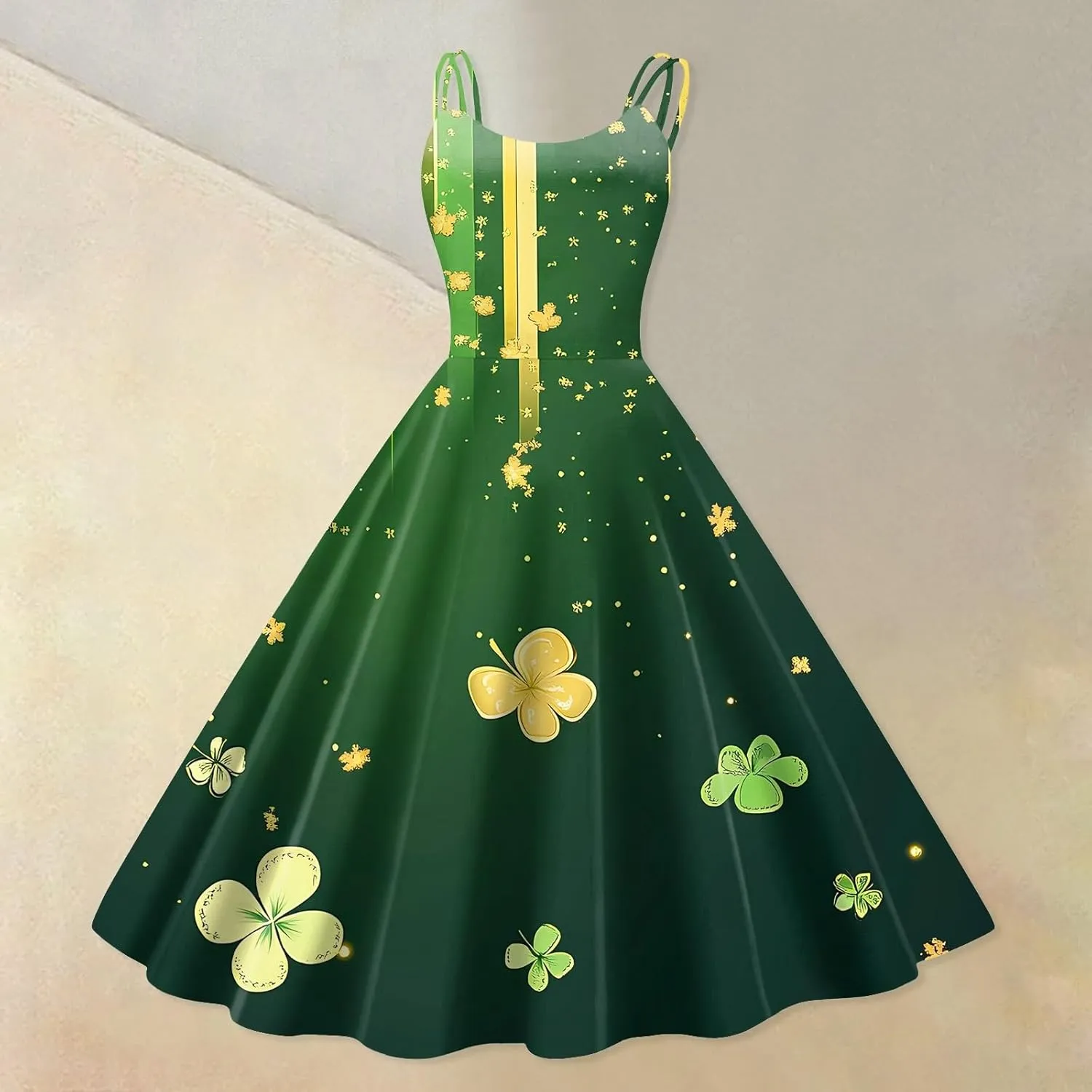 St Patricks Day Dresses for Women Casual Off Shoulder Vintage Sleeveless Midi A-Line Swing Shamrock Print Dresses
