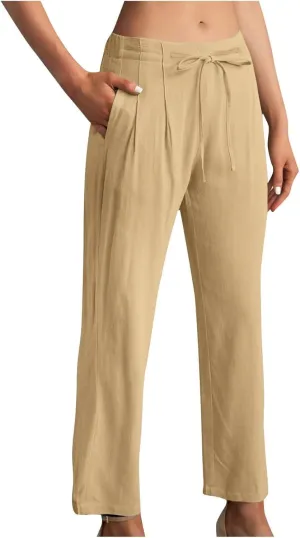 Straight Leg Pants for Women Cotton Linen Drawstring Waist Palazzo Pants Summer Fashion Lounge Trousers