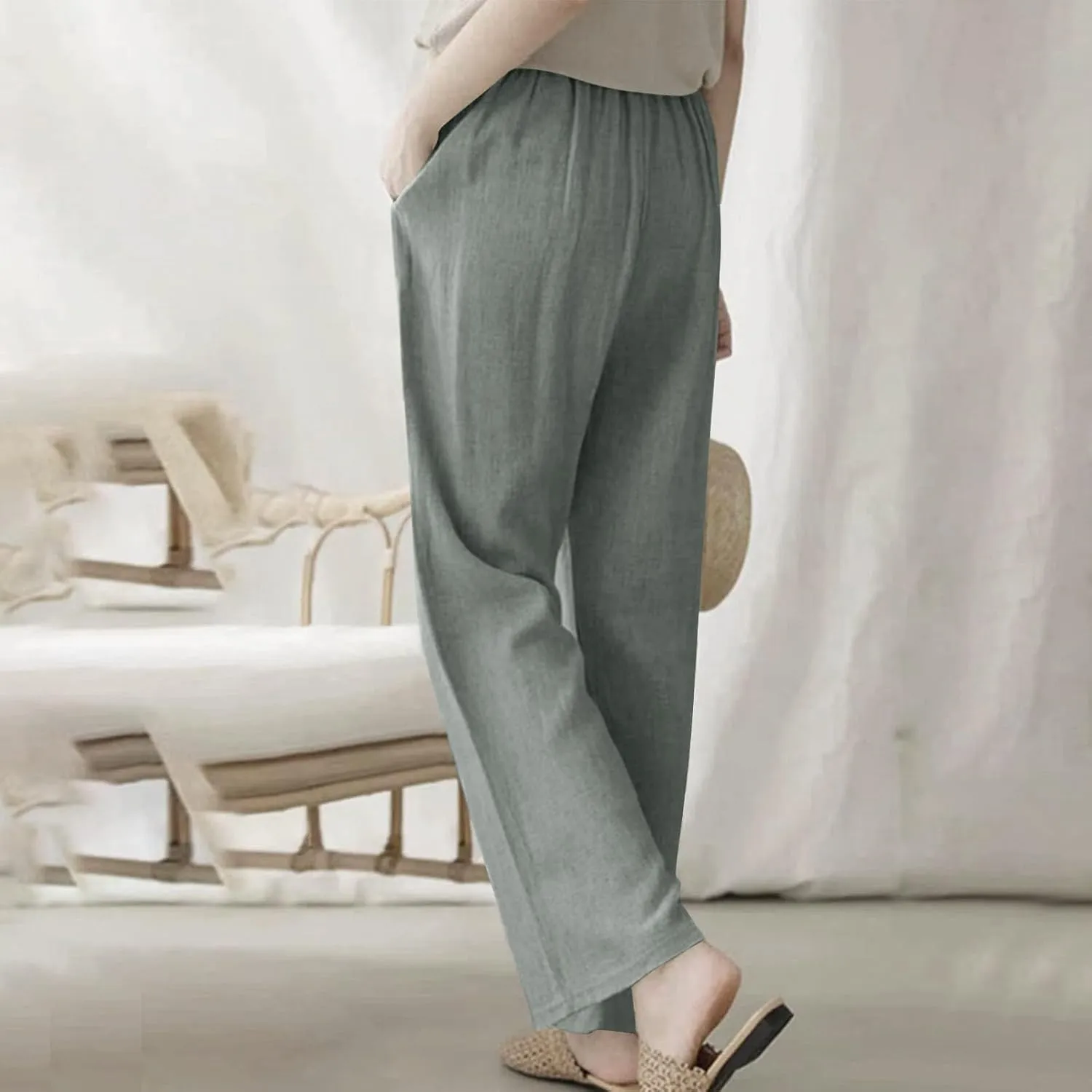 Straight Leg Pants for Women Cotton Linen Drawstring Waist Palazzo Pants Summer Fashion Lounge Trousers