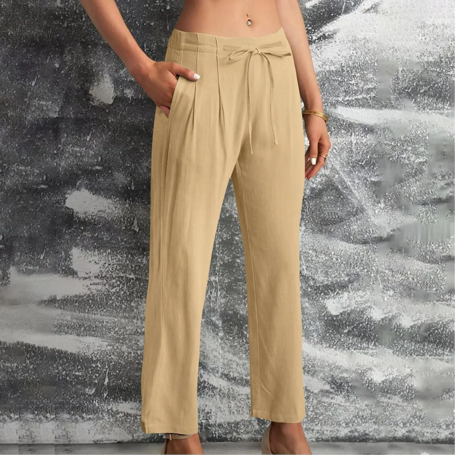 Straight Leg Pants for Women Cotton Linen Drawstring Waist Palazzo Pants Summer Fashion Lounge Trousers
