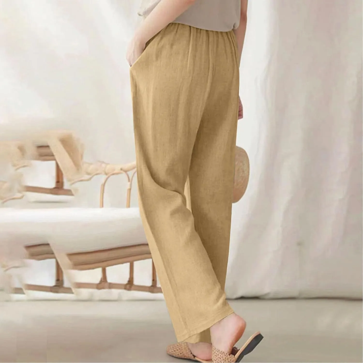 Straight Leg Pants for Women Cotton Linen Drawstring Waist Palazzo Pants Summer Fashion Lounge Trousers