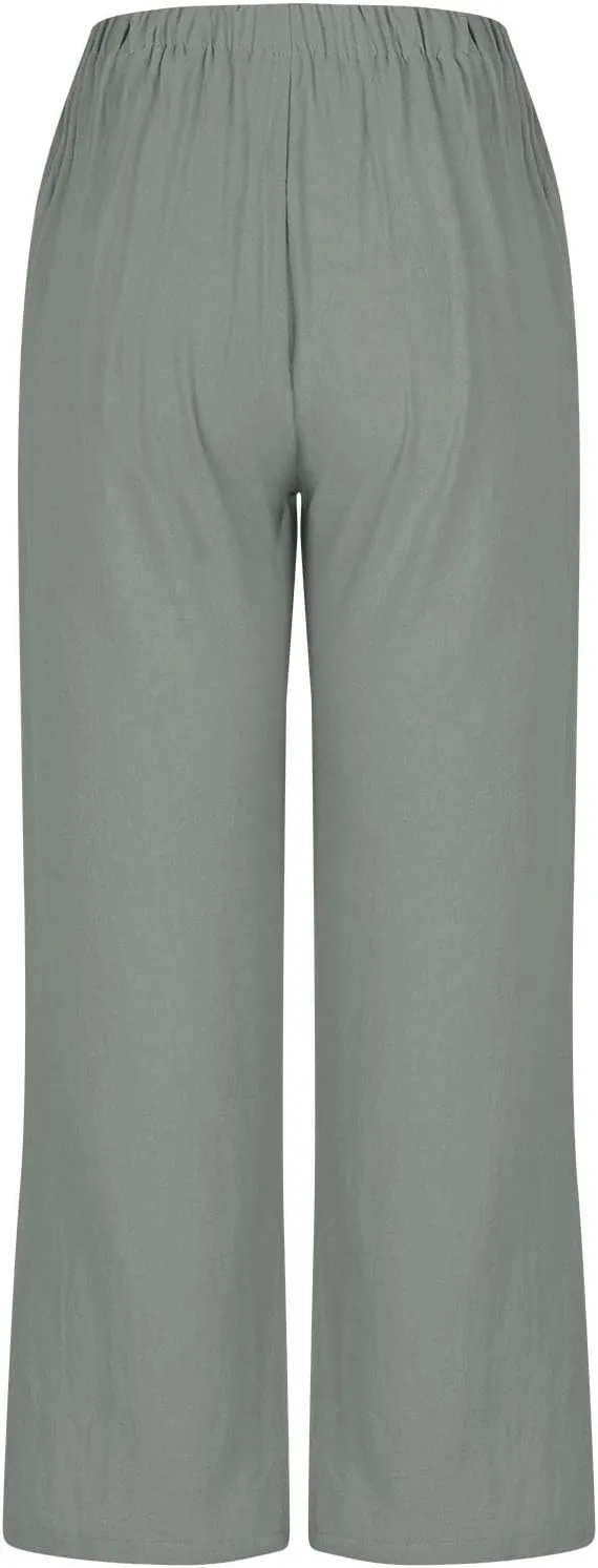 Straight Leg Pants for Women Cotton Linen Drawstring Waist Palazzo Pants Summer Fashion Lounge Trousers