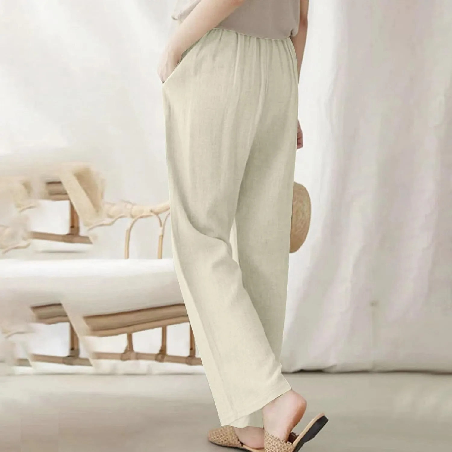 Straight Leg Pants for Women Cotton Linen Drawstring Waist Palazzo Pants Summer Fashion Lounge Trousers