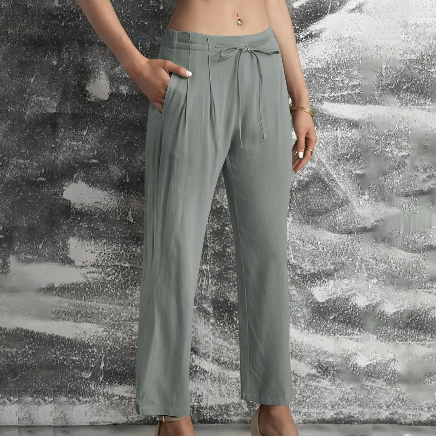 Straight Leg Pants for Women Cotton Linen Drawstring Waist Palazzo Pants Summer Fashion Lounge Trousers