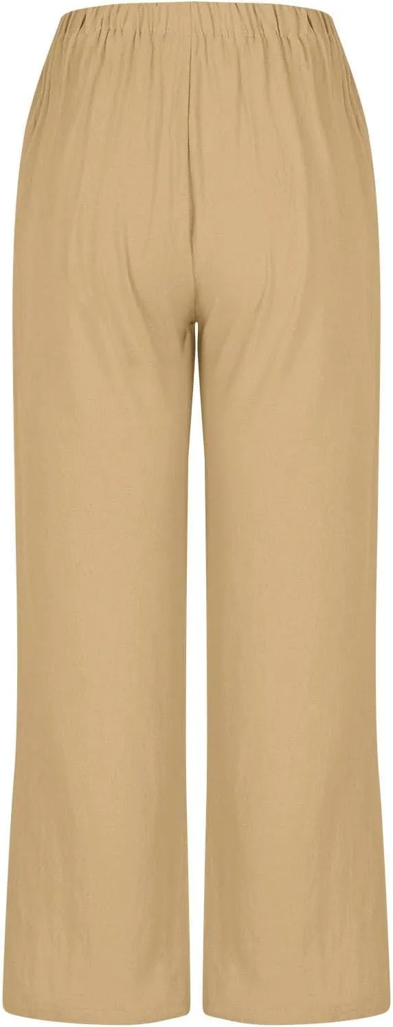Straight Leg Pants for Women Cotton Linen Drawstring Waist Palazzo Pants Summer Fashion Lounge Trousers