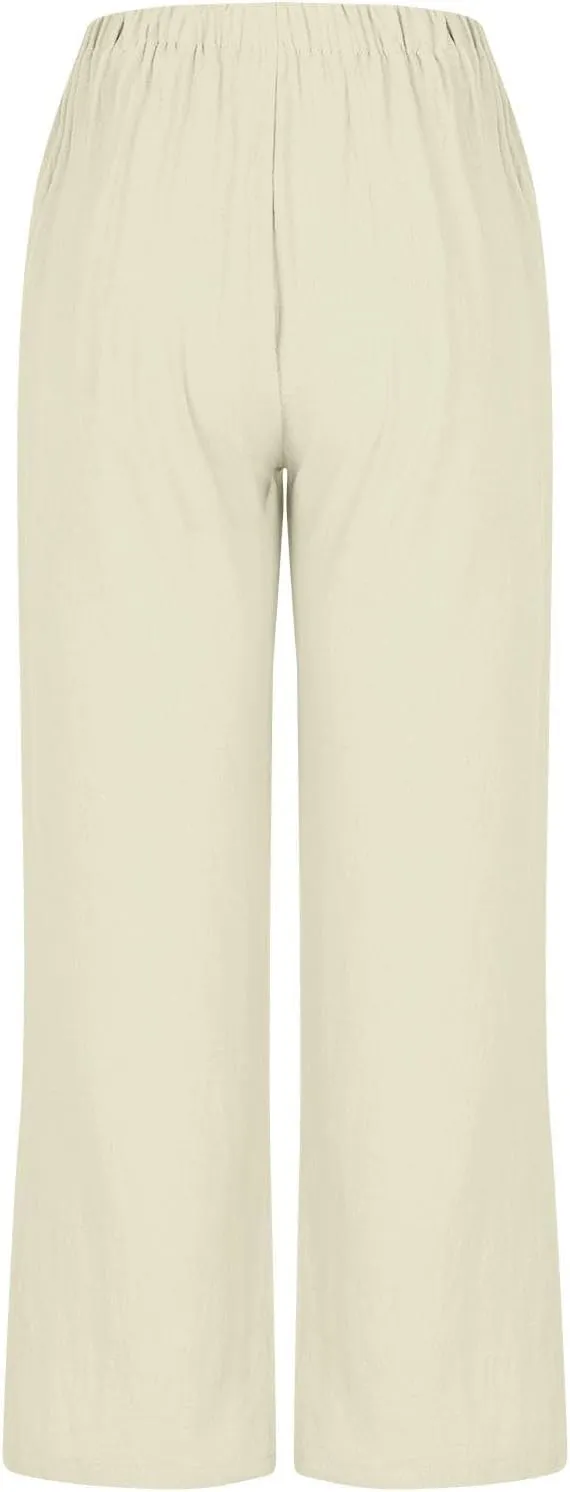 Straight Leg Pants for Women Cotton Linen Drawstring Waist Palazzo Pants Summer Fashion Lounge Trousers