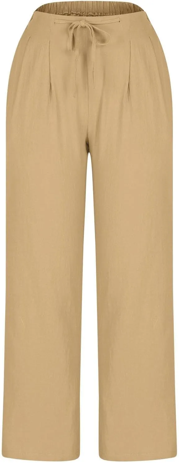 Straight Leg Pants for Women Cotton Linen Drawstring Waist Palazzo Pants Summer Fashion Lounge Trousers