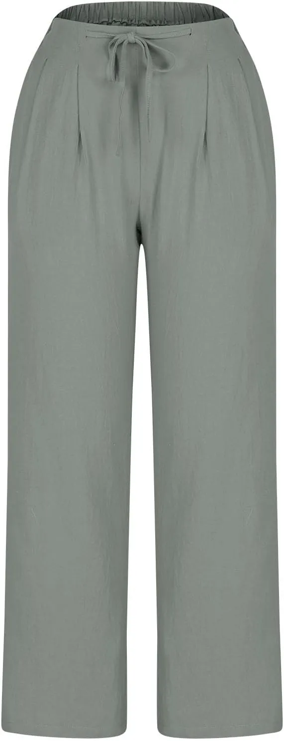 Straight Leg Pants for Women Cotton Linen Drawstring Waist Palazzo Pants Summer Fashion Lounge Trousers