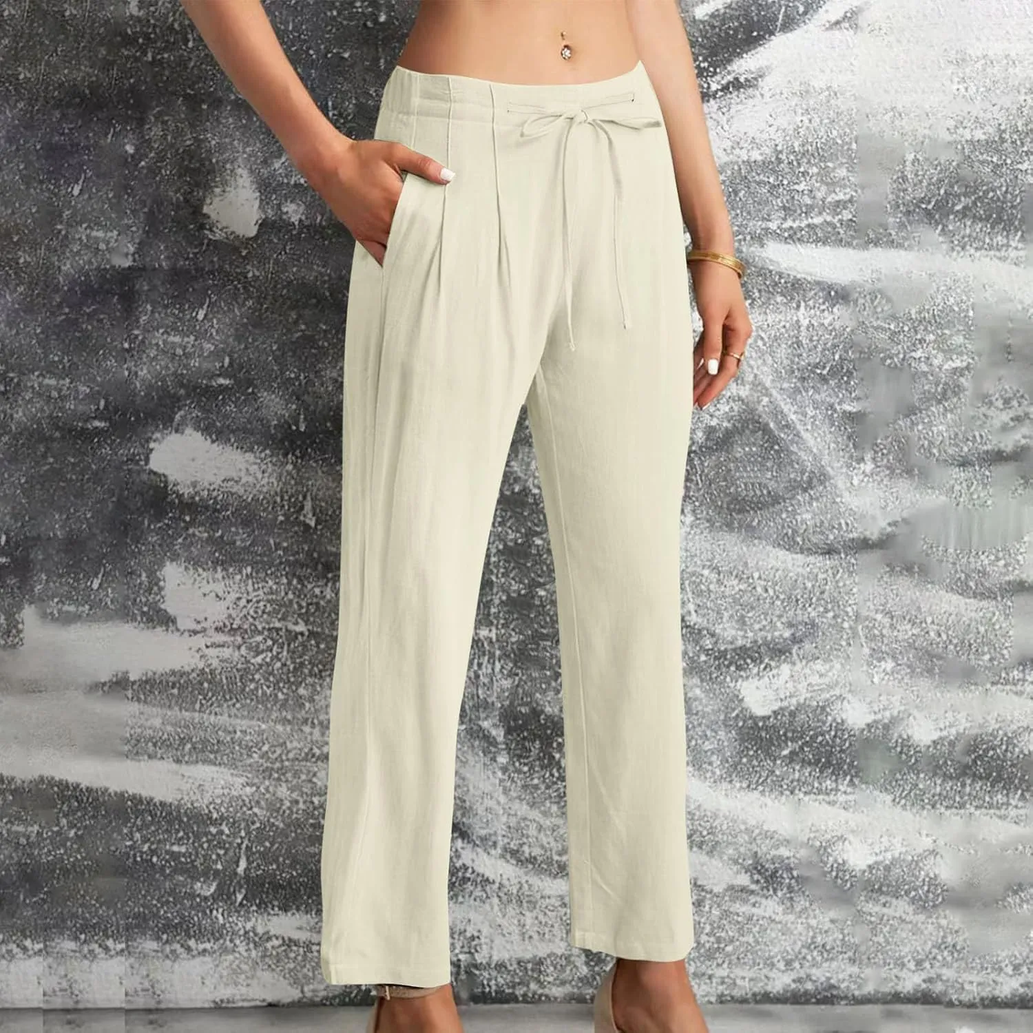 Straight Leg Pants for Women Cotton Linen Drawstring Waist Palazzo Pants Summer Fashion Lounge Trousers