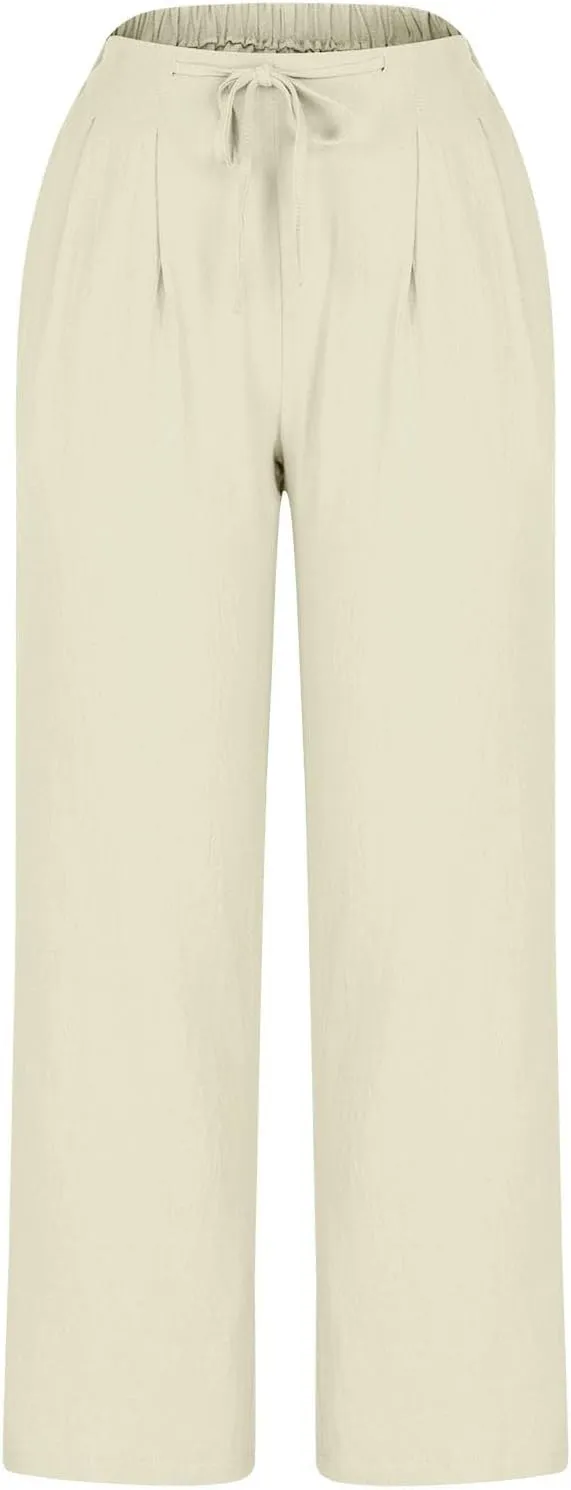 Straight Leg Pants for Women Cotton Linen Drawstring Waist Palazzo Pants Summer Fashion Lounge Trousers