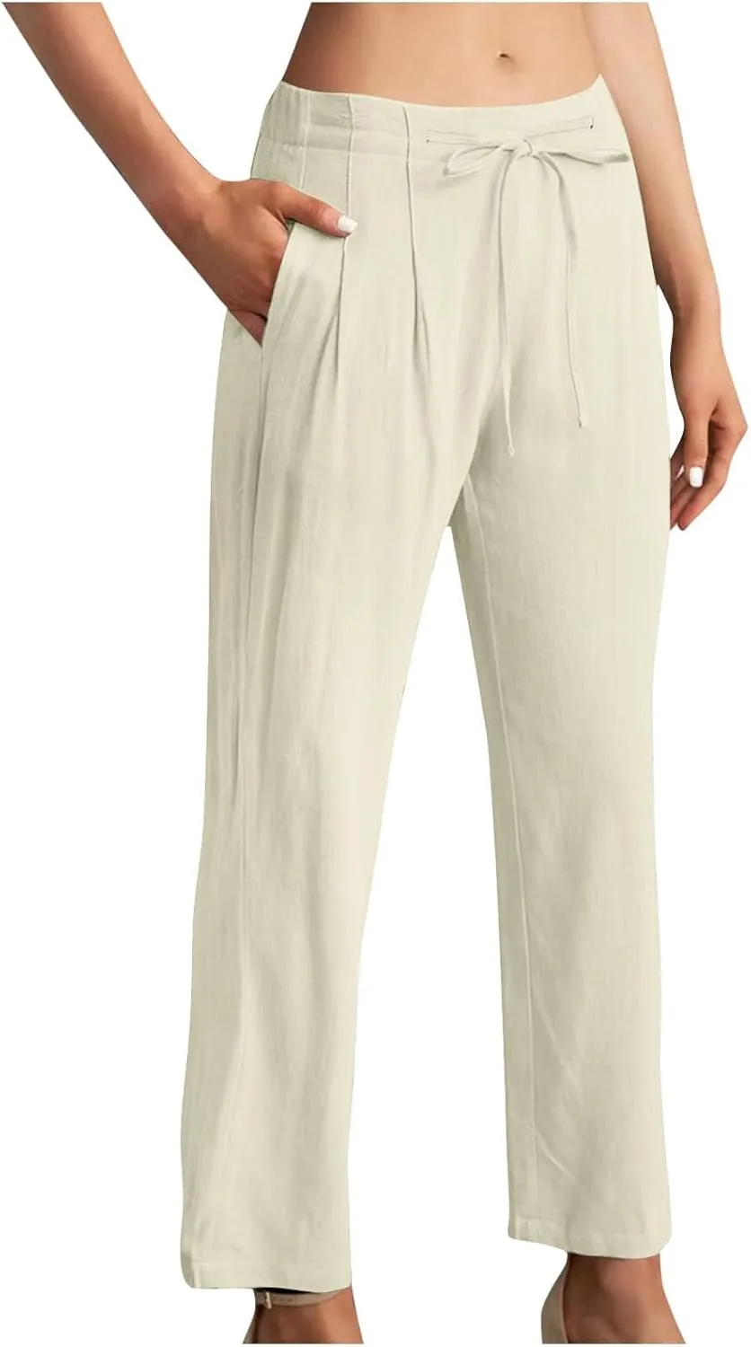 Straight Leg Pants for Women Cotton Linen Drawstring Waist Palazzo Pants Summer Fashion Lounge Trousers