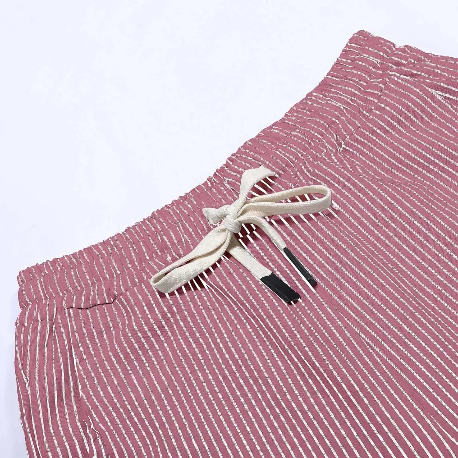 Striped Linen Pants Women Casual Capri Pants Loose Spring Summer Lightweight Drawstring Side Button Pants with Pockets