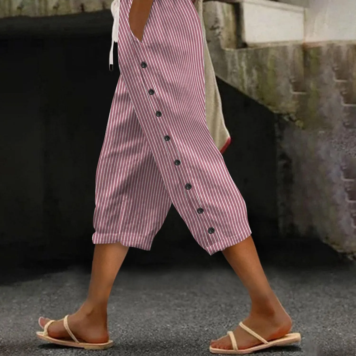Striped Linen Pants Women Casual Capri Pants Loose Spring Summer Lightweight Drawstring Side Button Pants with Pockets