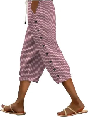 Striped Linen Pants Women Casual Capri Pants Loose Spring Summer Lightweight Drawstring Side Button Pants with Pockets