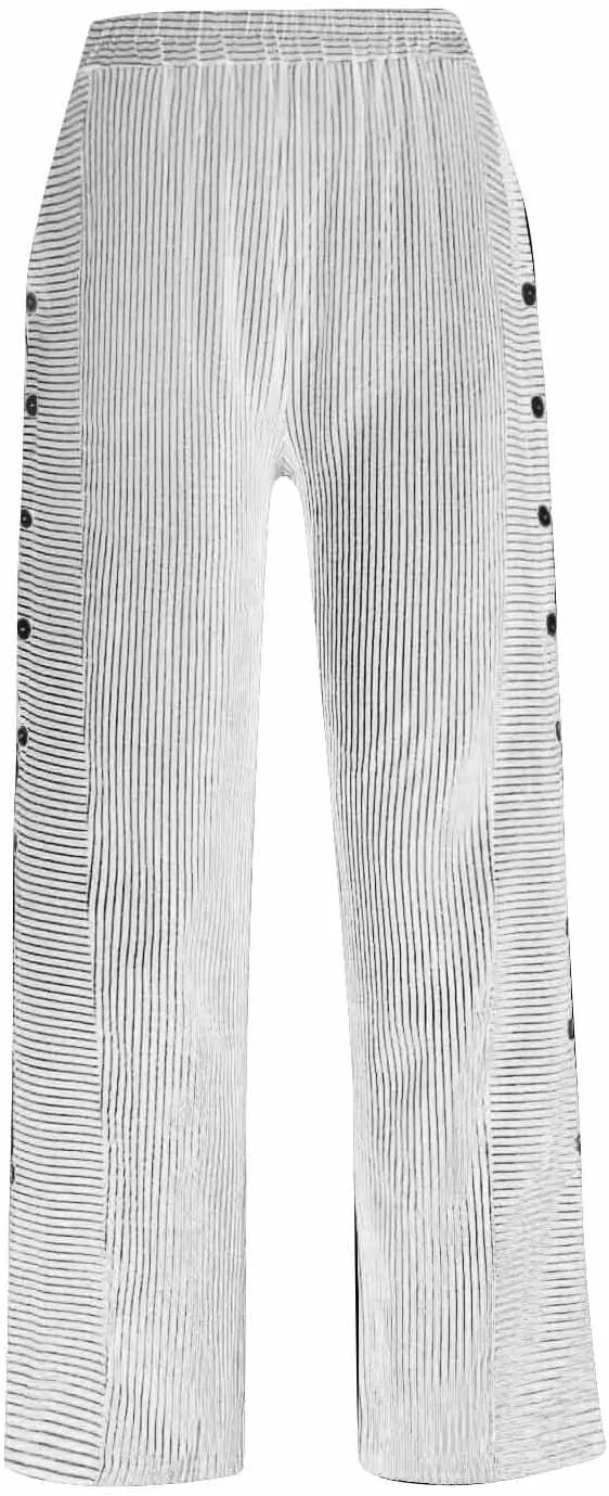 Striped Linen Pants Women Elastic High Waisted Cropped Pants Side Button Summer Vacation Capri Pants with Pockets