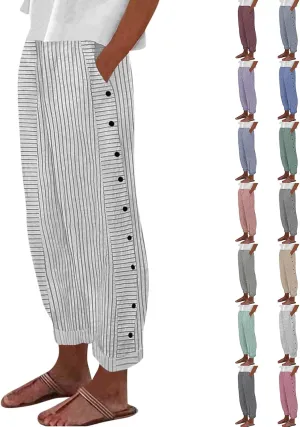 Striped Linen Pants Women Elastic High Waisted Cropped Pants Side Button Summer Vacation Capri Pants with Pockets
