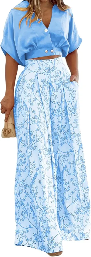 Summer 2 Piece Sets for Women Floral Outfits V Neck Batwing Sleeve Shirts Flower Print Wide Leg Pants Business Suit