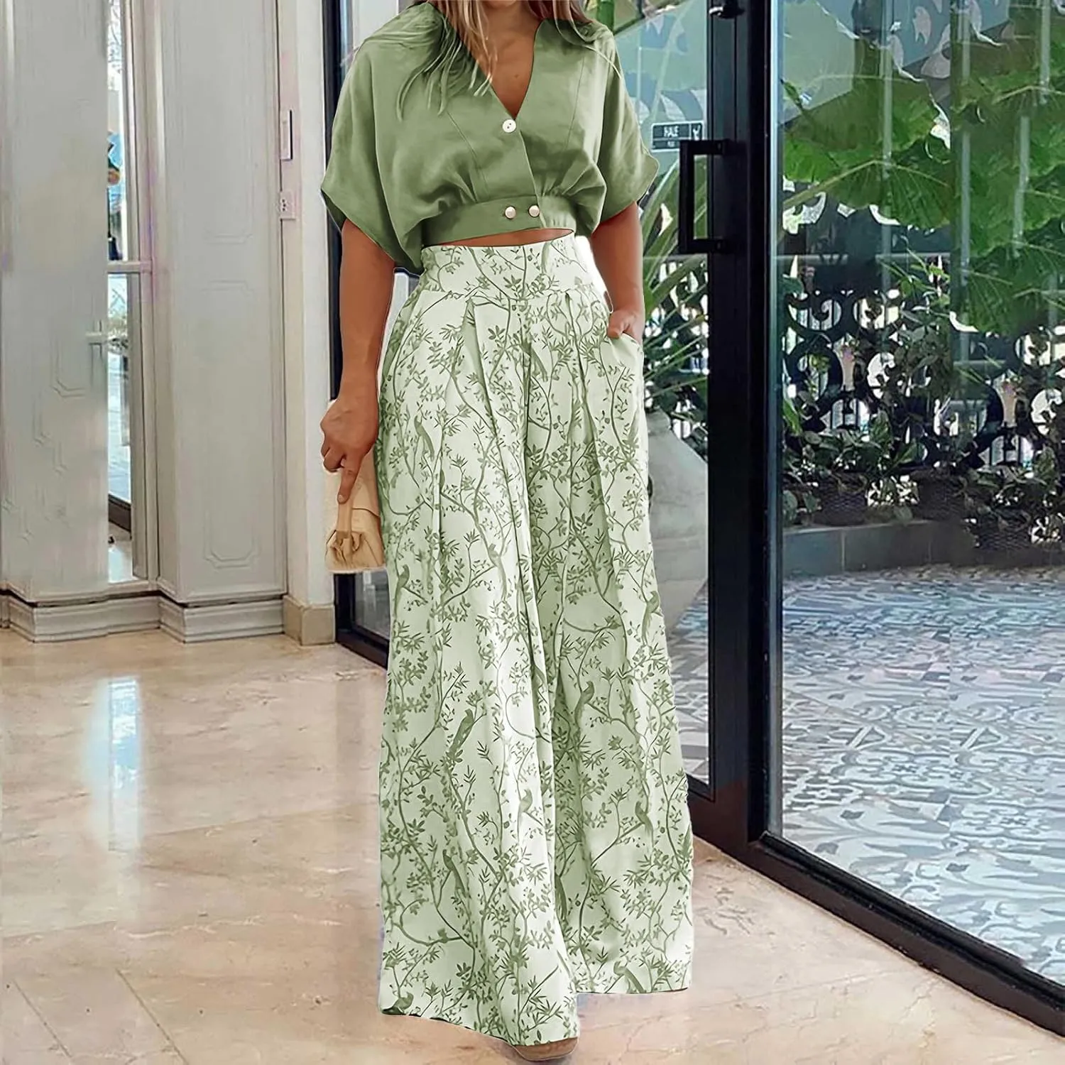 Summer 2 Piece Sets for Women Floral Outfits V Neck Batwing Sleeve Shirts Flower Print Wide Leg Pants Business Suit