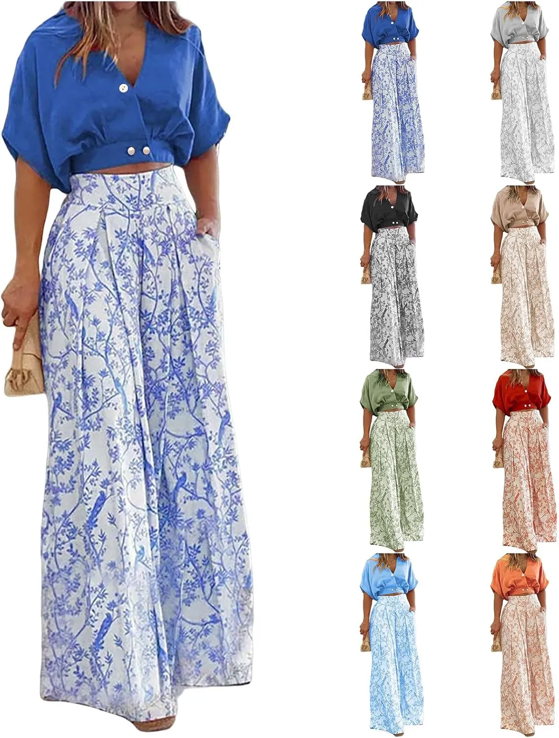 Summer 2 Piece Sets for Women Floral Outfits V Neck Batwing Sleeve Shirts Flower Print Wide Leg Pants Business Suit