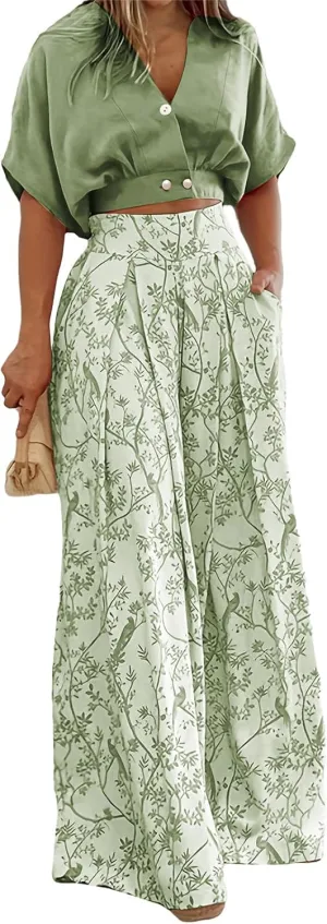 Summer 2 Piece Sets for Women Floral Outfits V Neck Batwing Sleeve Shirts Flower Print Wide Leg Pants Business Suit
