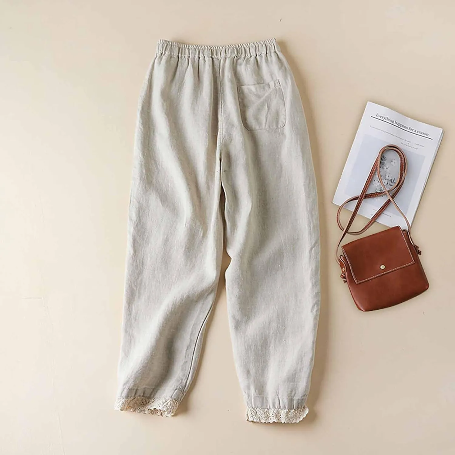 Summer Cotton Linen Pants for Women Lace Trim Casual Pants Lounge Loose Beach Trousers Slacks with Pocket