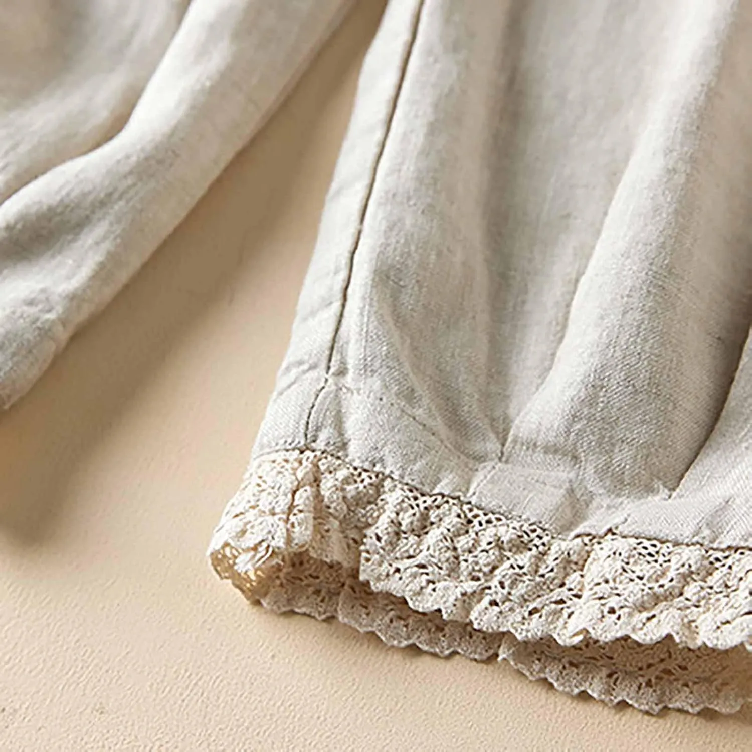 Summer Cotton Linen Pants for Women Lace Trim Casual Pants Lounge Loose Beach Trousers Slacks with Pocket
