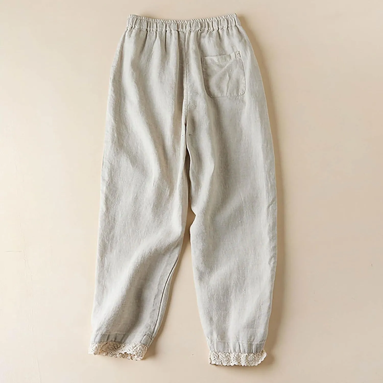 Summer Cotton Linen Pants for Women Lace Trim Casual Pants Lounge Loose Beach Trousers Slacks with Pocket