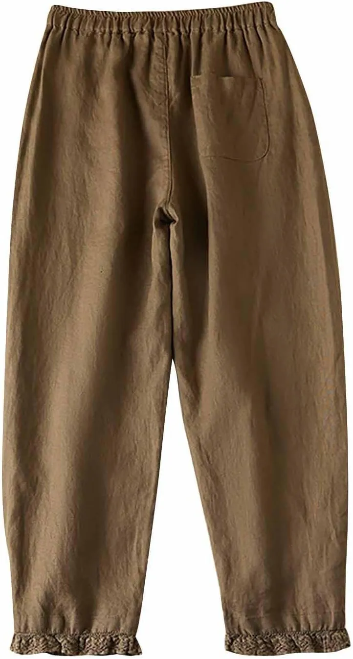 Summer Cotton Linen Pants for Women Lace Trim Casual Pants Lounge Loose Beach Trousers Slacks with Pocket