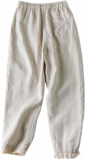Summer Cotton Linen Pants for Women Lace Trim Casual Pants Lounge Loose Beach Trousers Slacks with Pocket
