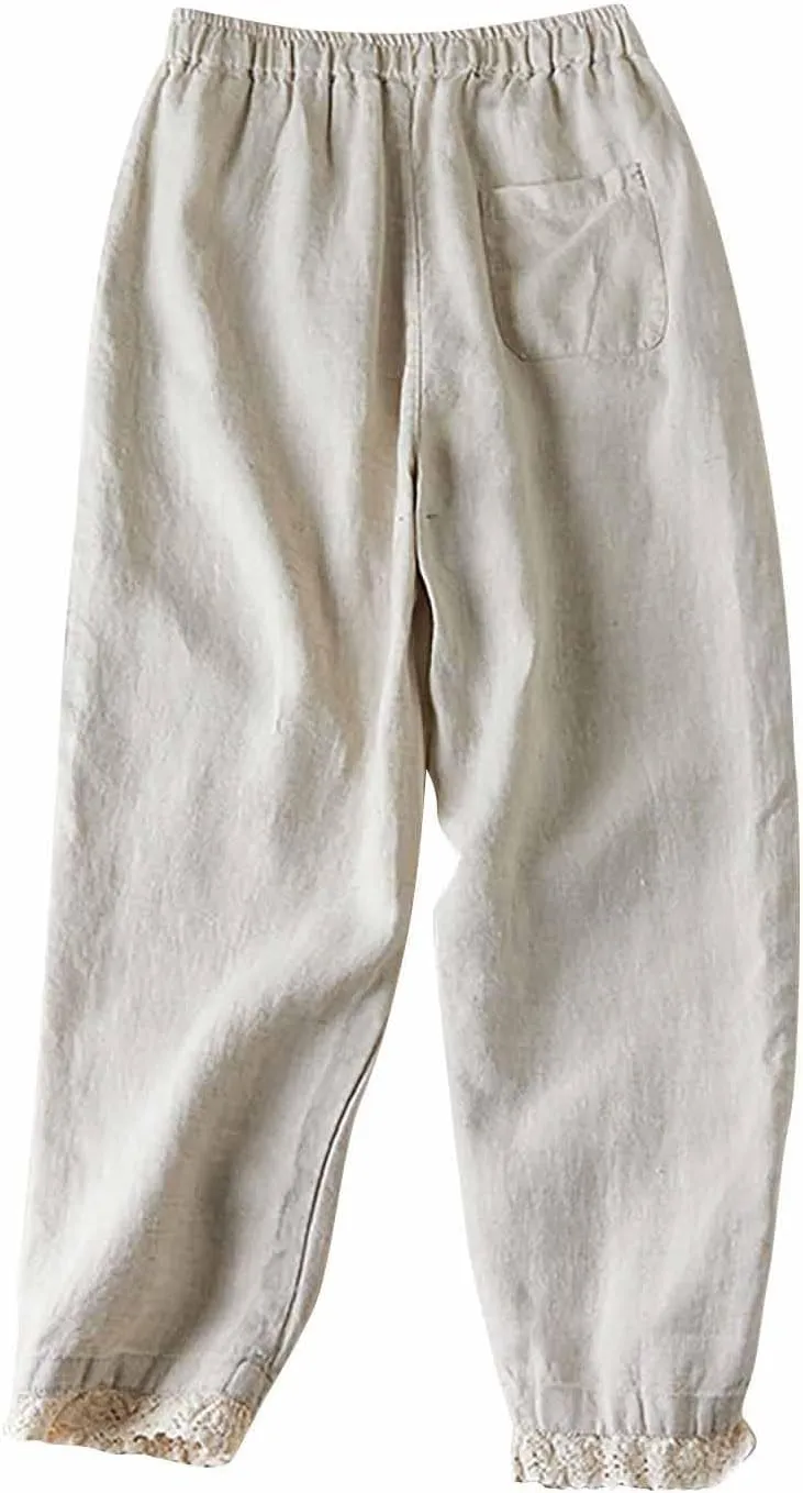 Summer Cotton Linen Pants for Women Lace Trim Casual Pants Lounge Loose Beach Trousers Slacks with Pocket