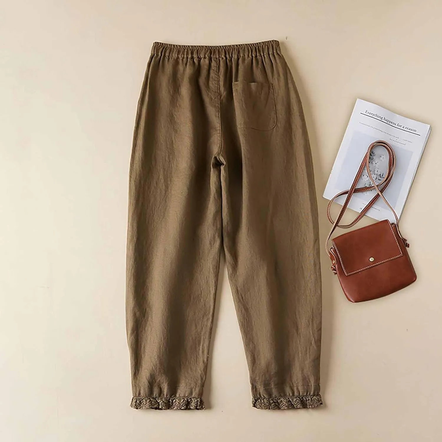 Summer Cotton Linen Pants for Women Lace Trim Casual Pants Lounge Loose Beach Trousers Slacks with Pocket